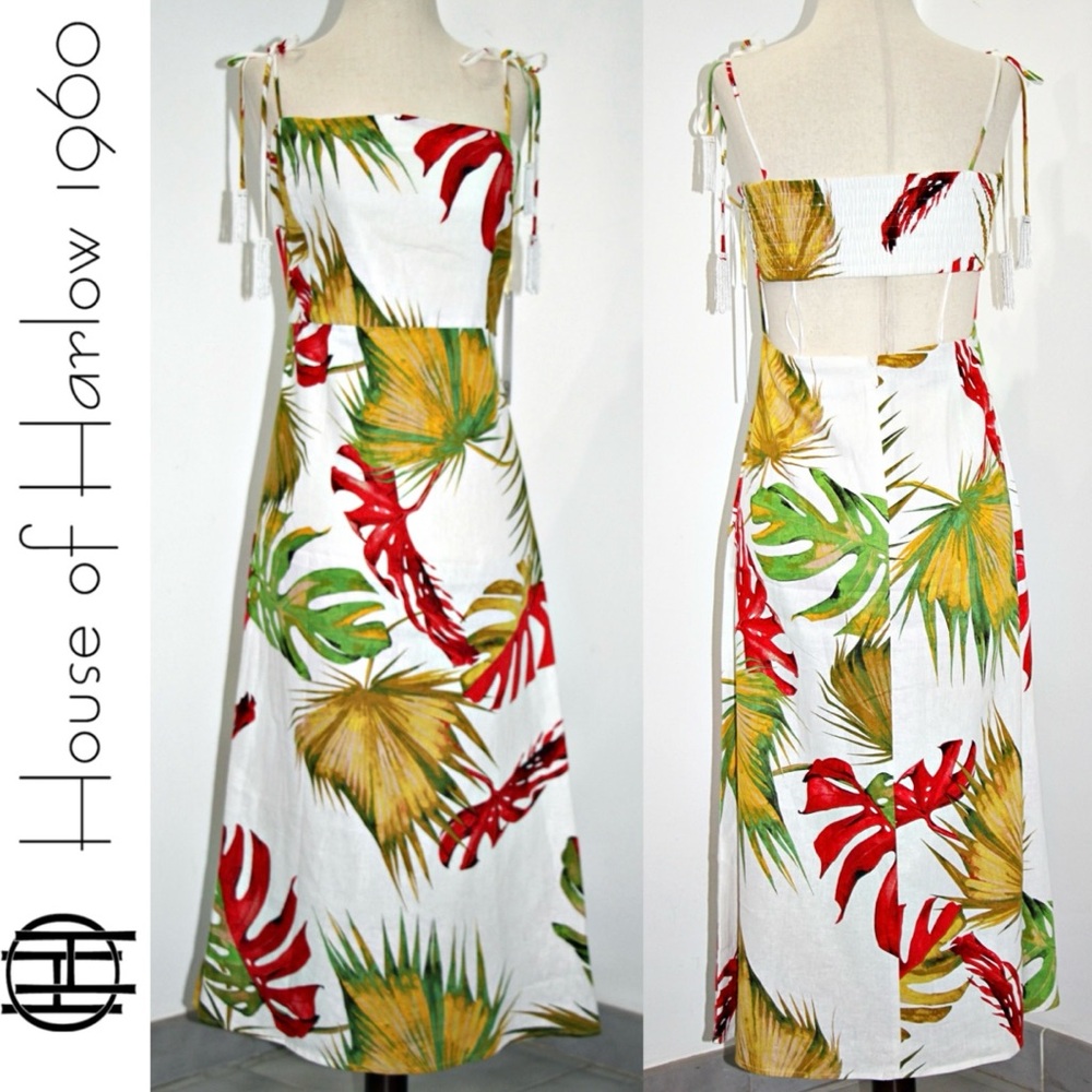 House of Harlow 1960 Linen Tropical Print Dress Red Green Yellow Bead Tassels